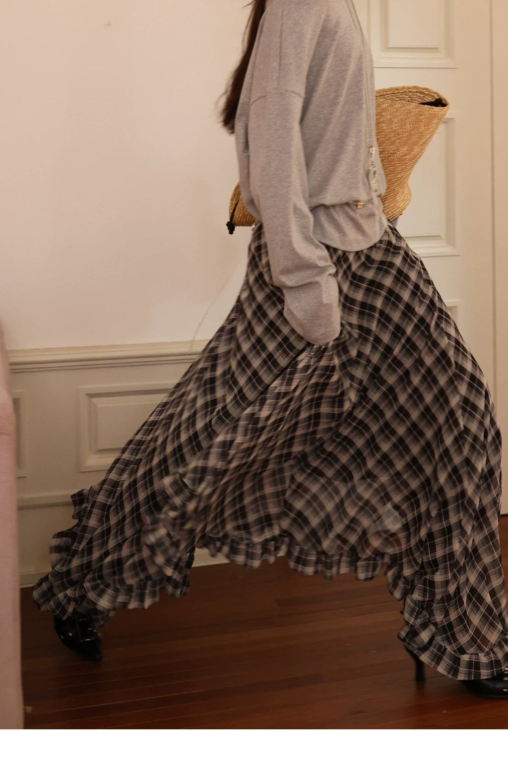 Plaid Chiffon Asymmetric Hem Skirt