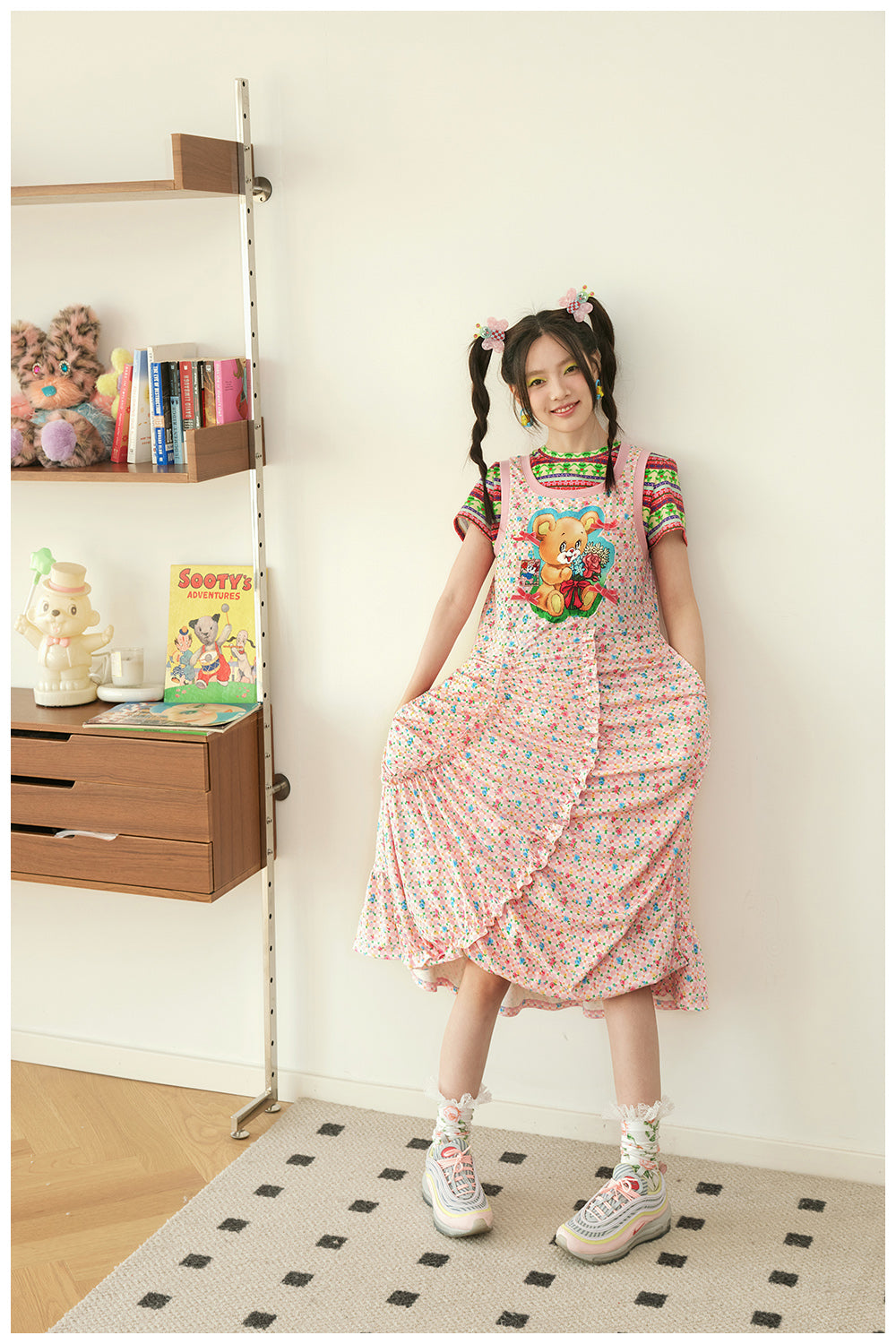 Pink Floral Bear Tank Summer Dress