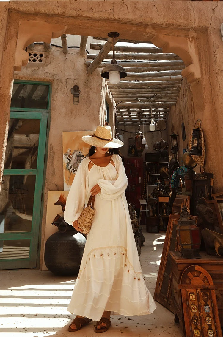 Boho White Tassel Maxi Dress