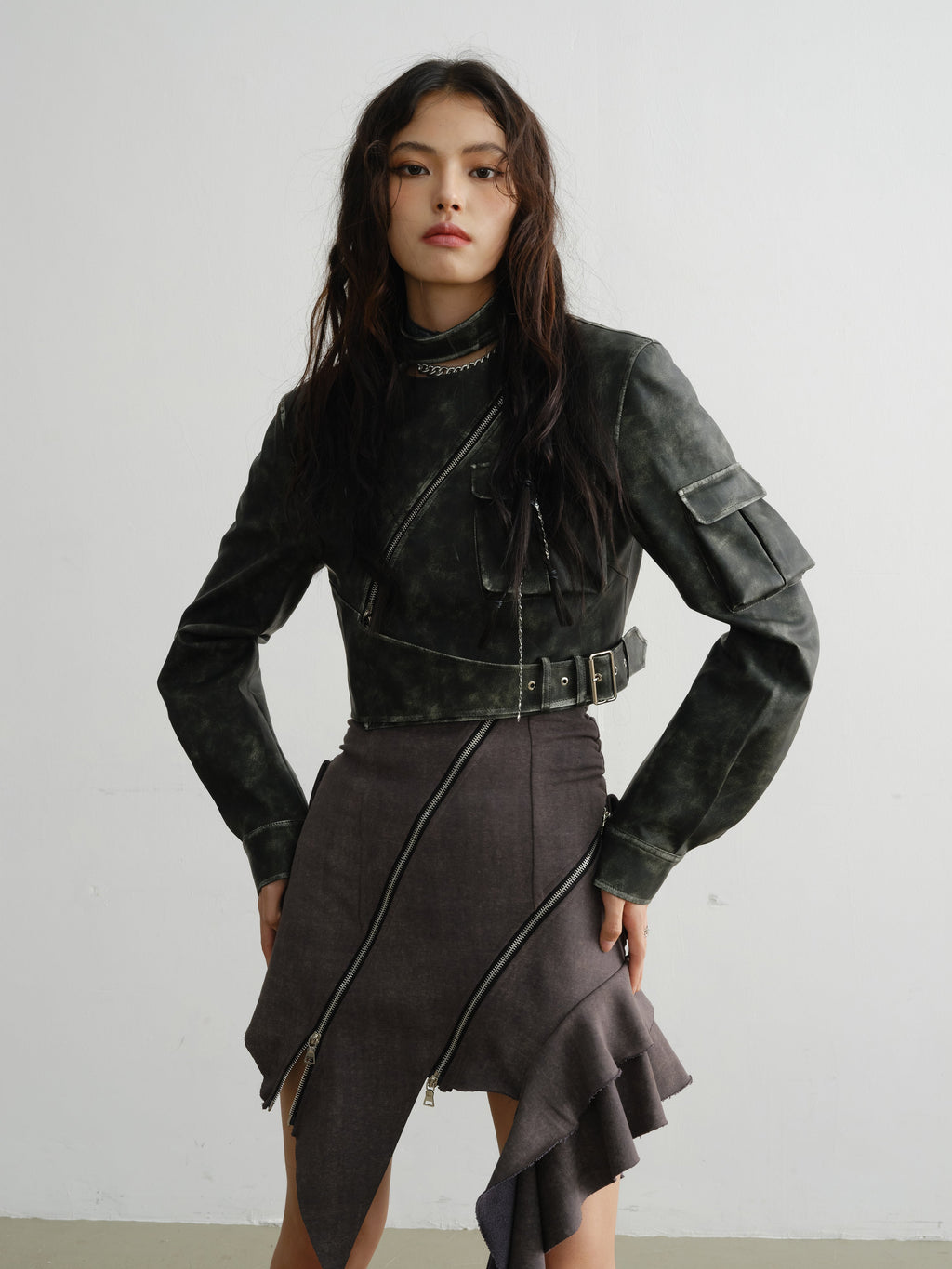 Elegant Ruffled Suspender Dress With Unique Zipper Detail