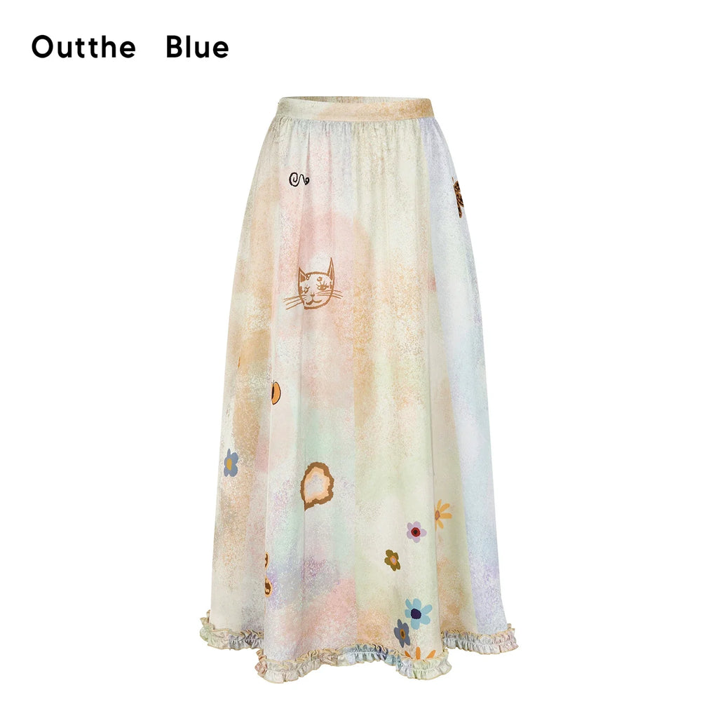 Pastel Meadow Kitty Garden Maxi Skirt