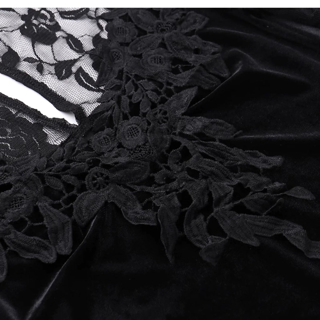 Gothic Velvet Mermaid Gown-Long Sleeve Lace Floor-Length Dress With High Collar