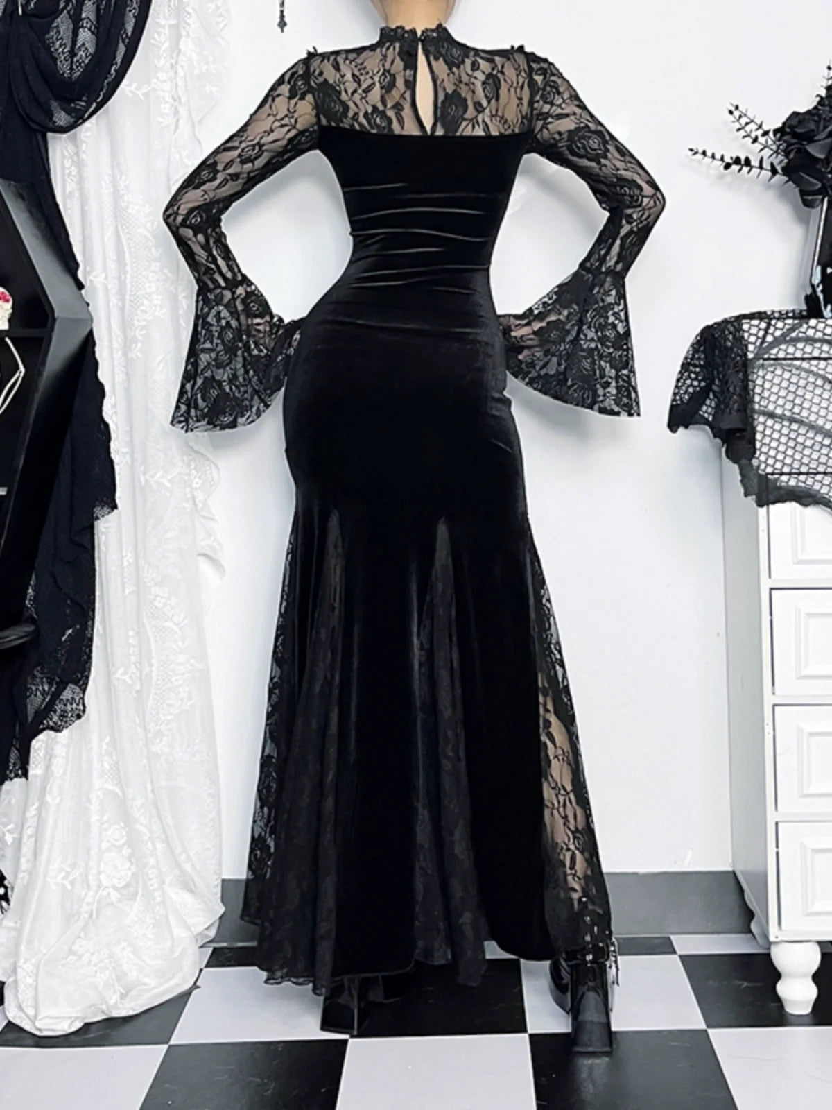Gothic Velvet Mermaid Gown-Long Sleeve Lace Floor-Length Dress With High Collar