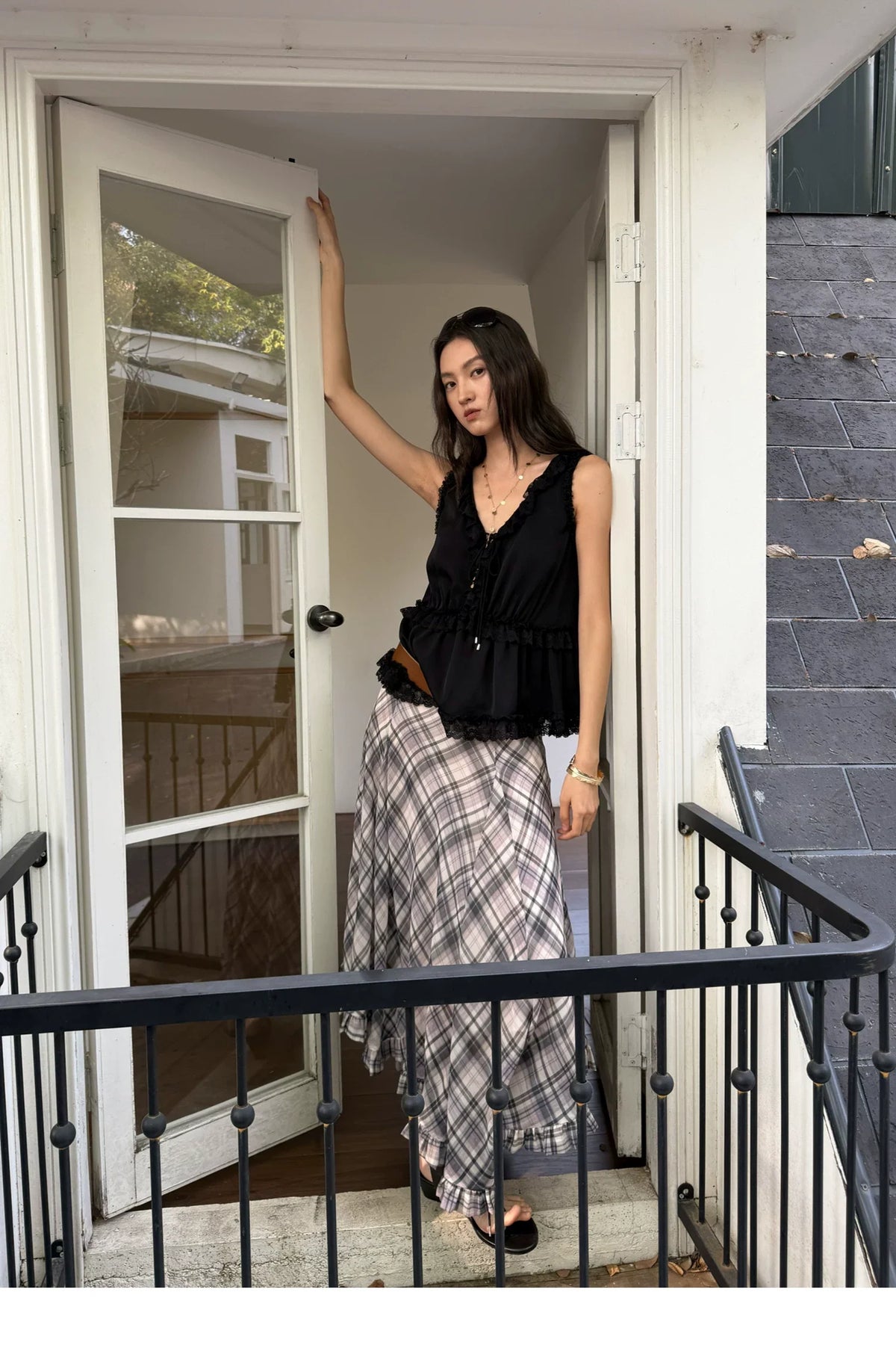 Plaid Chiffon Asymmetric Hem Skirt