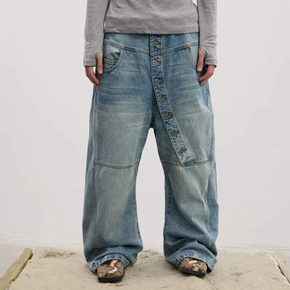 Asymmetric Button Wide-Leg Jeans