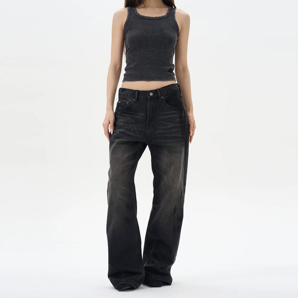 Washed Black Straight Loose Jeans