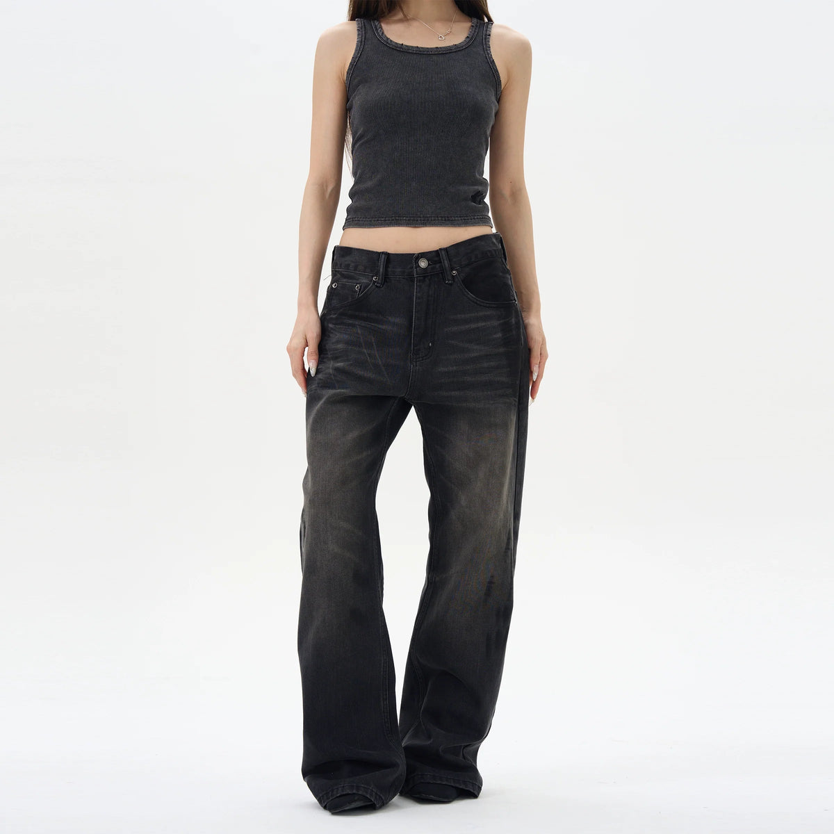Washed Black Straight Loose Jeans