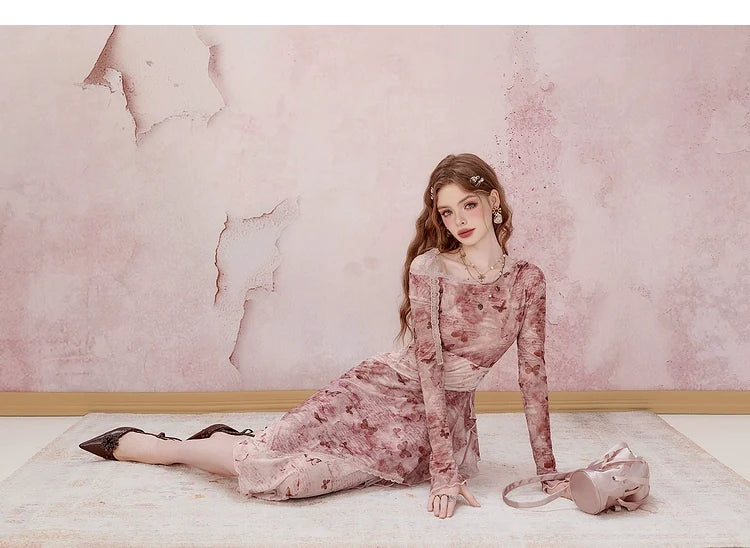 Pink Floral Long Sleeve Midi Dress