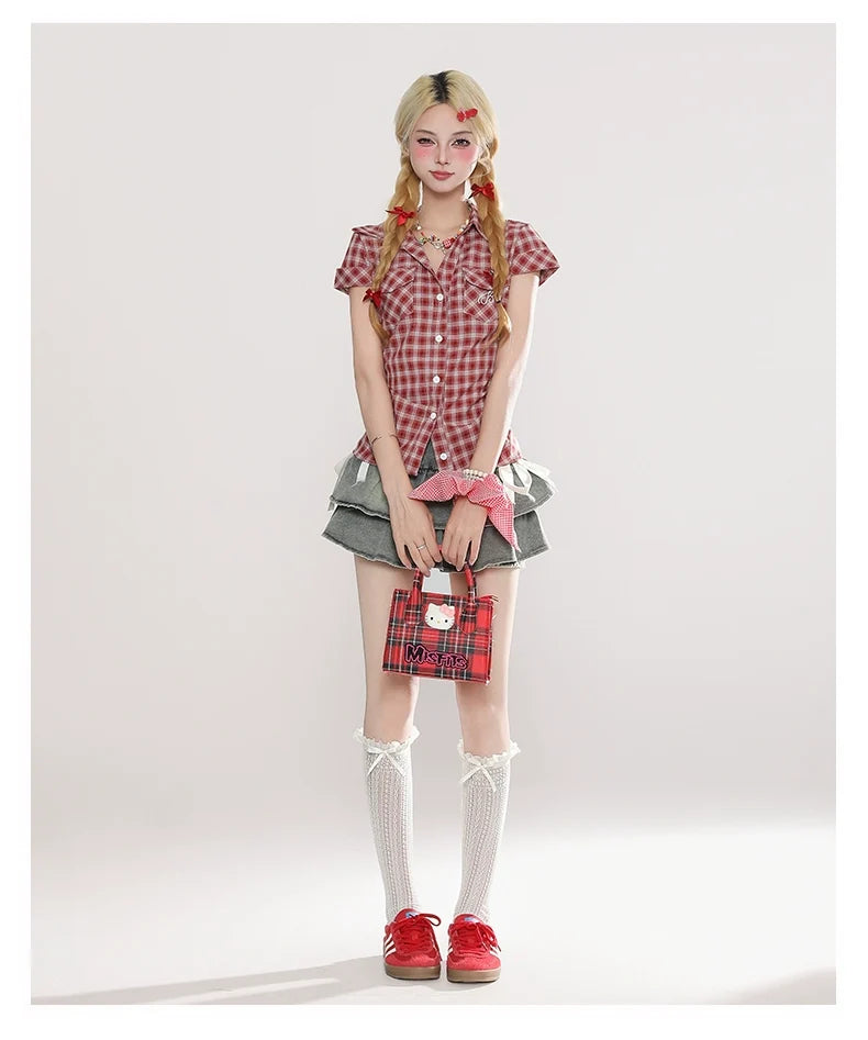 Layered Denim Mini Skirt with Ribbon Ties