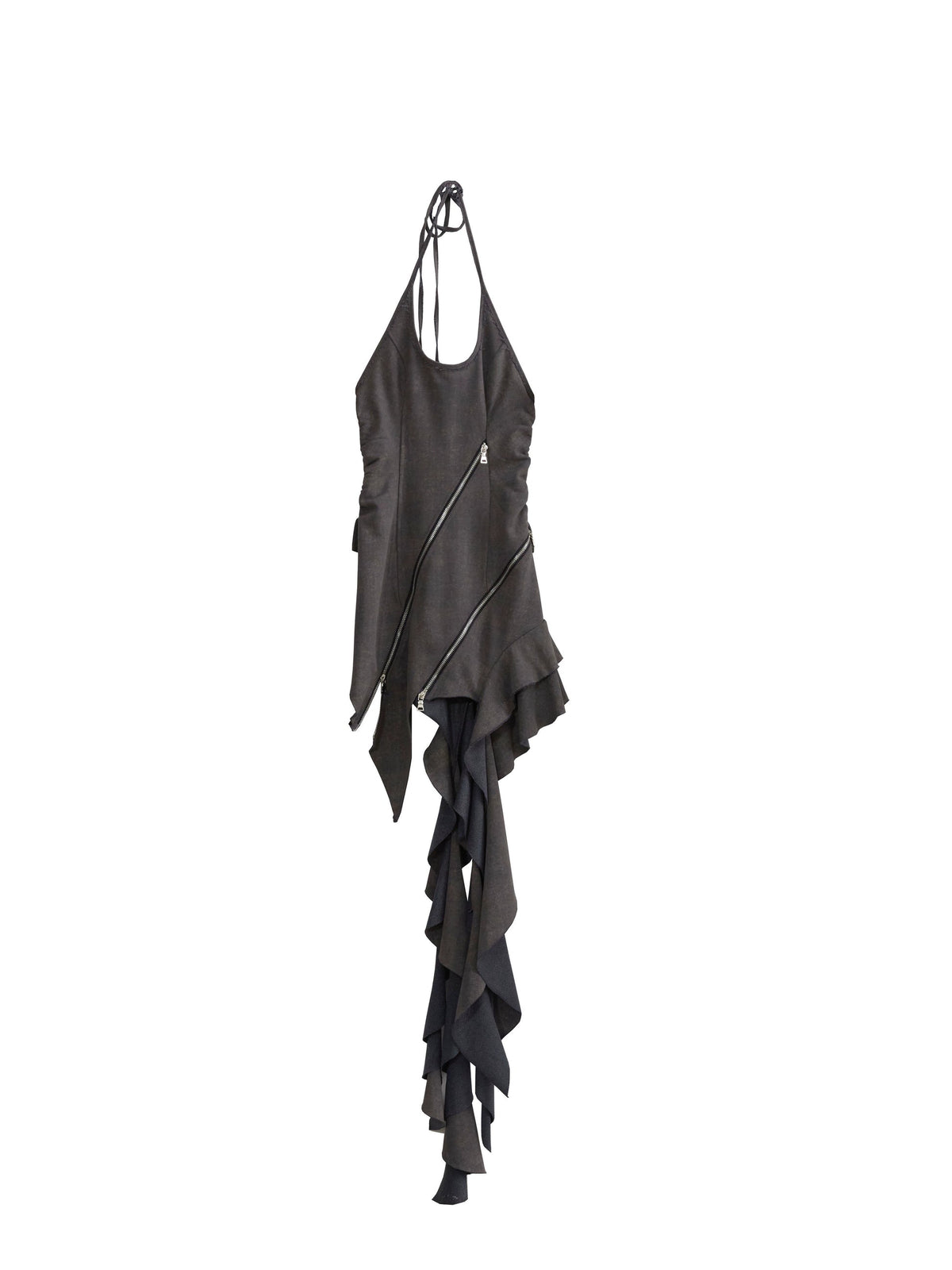 Elegant Ruffled Suspender Dress With Unique Zipper Detail