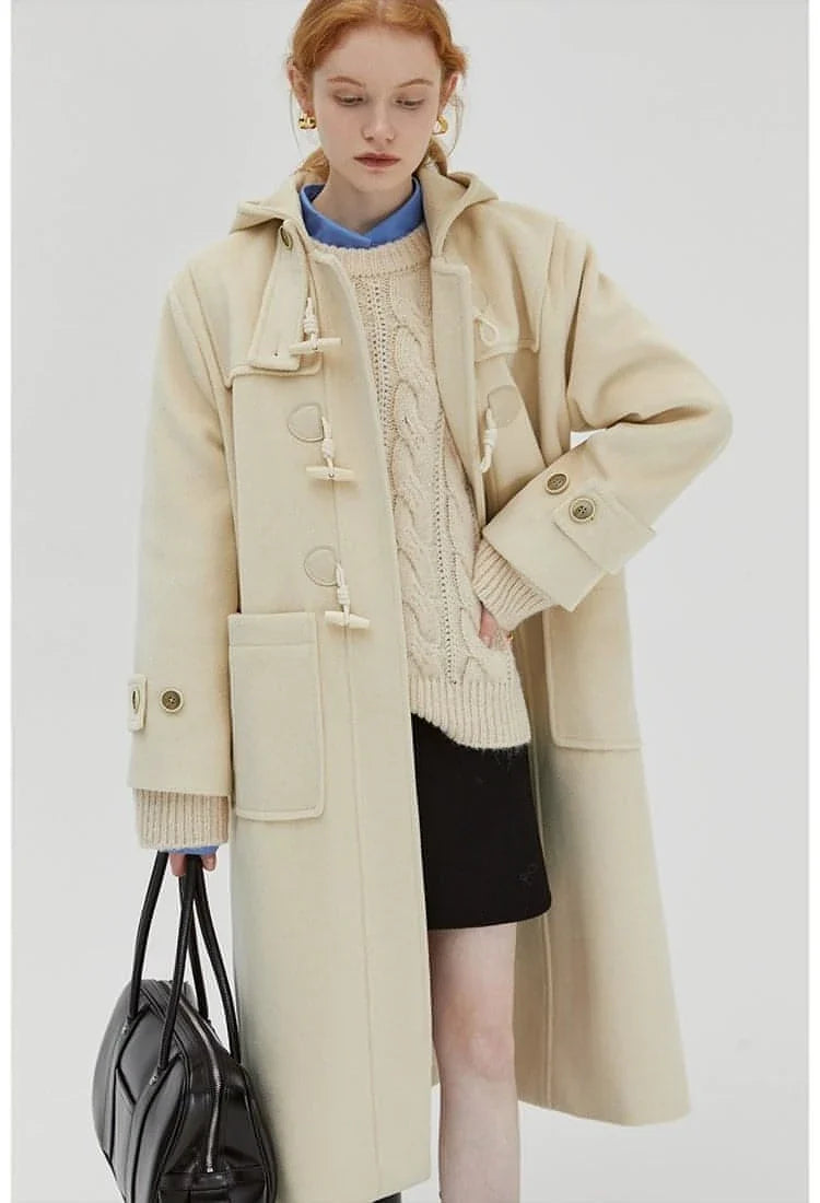 Winter Thicken College Style Hooded Mid-Length Melton Wool Coat