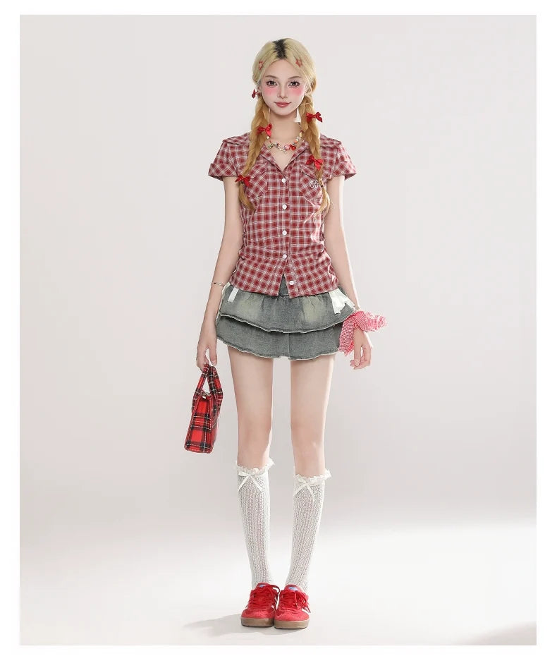 Layered Denim Mini Skirt with Ribbon Ties