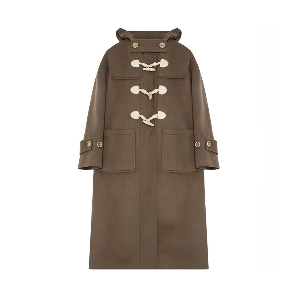 Winter Thicken College Style Hooded Mid-Length Melton Wool Coat