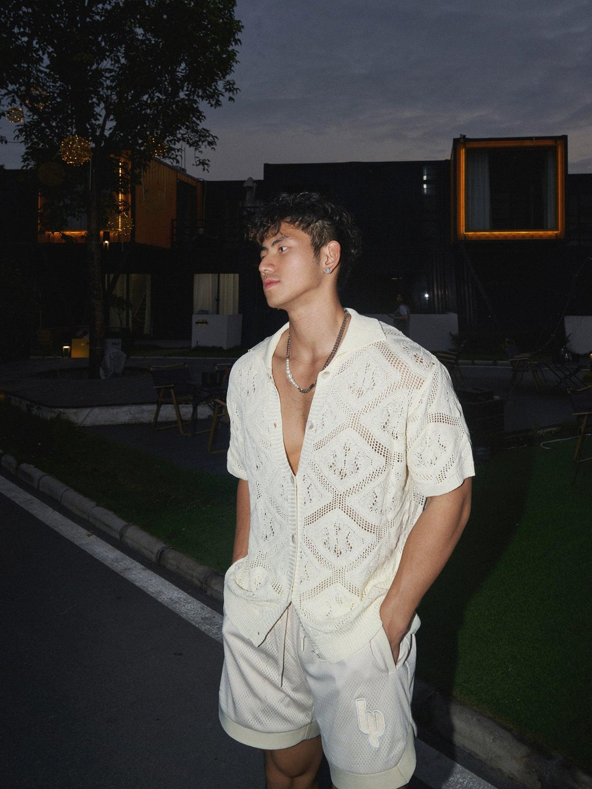 Men's White Crochet Button-Up Shirt