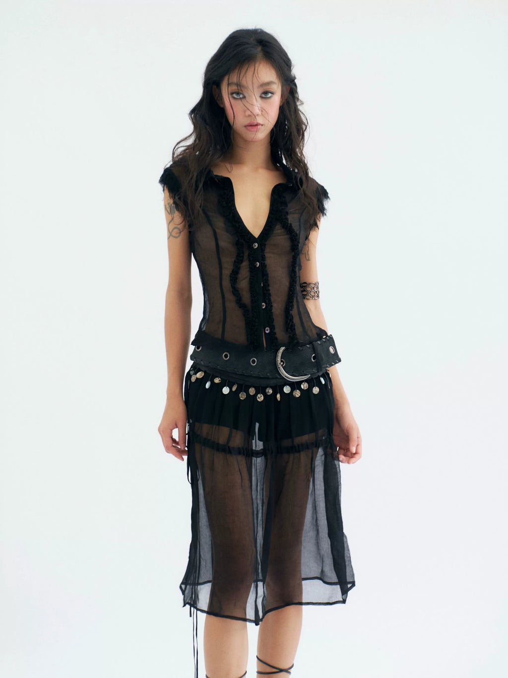 Moonlit Veil Sheer Coin‑Trim Skirt