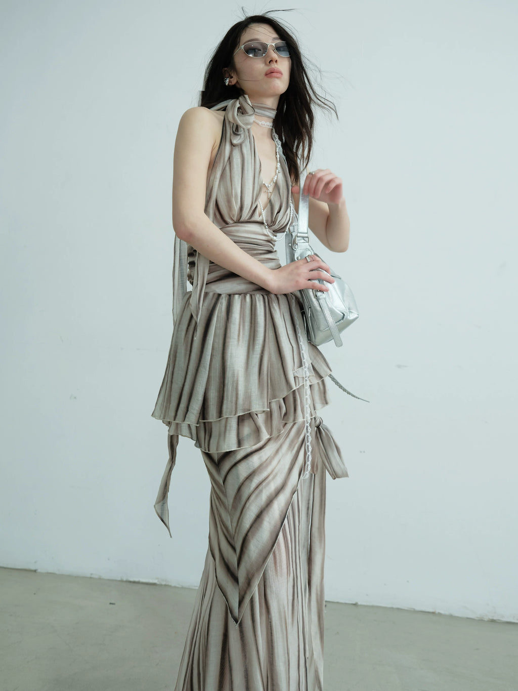 Ruched Halter Striped Two-Piece Dress Set
