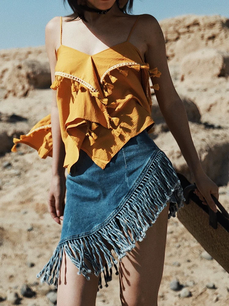 Asymmetrical Fringe Denim Skirt