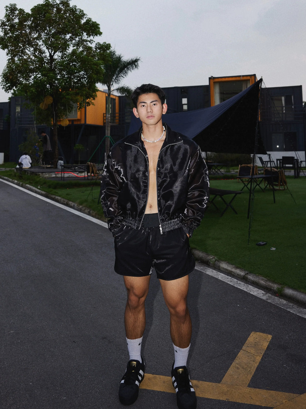 Black Glossy Zip Up Jacket and Short