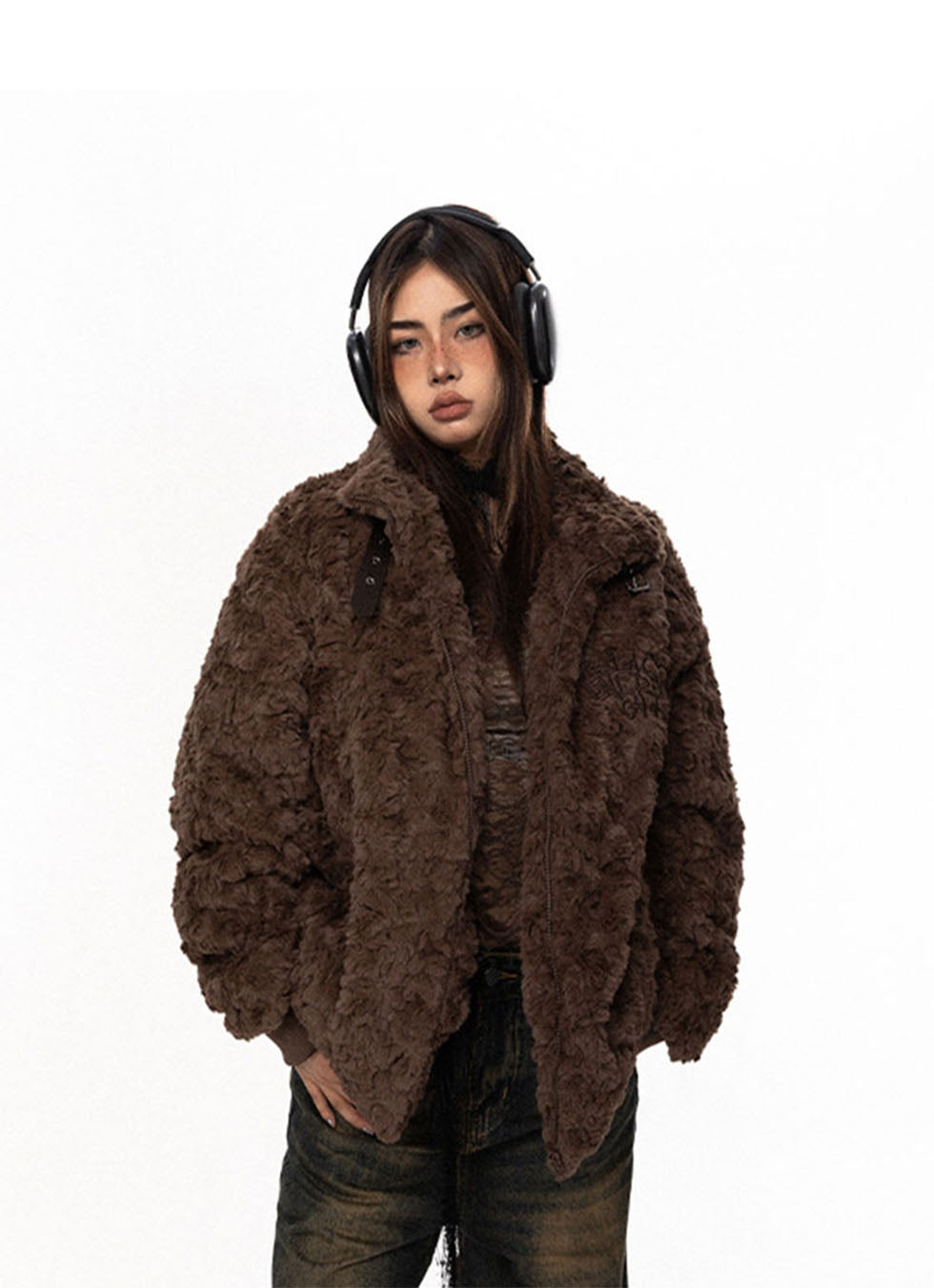 Brown Textured Fleece Buckle Coat