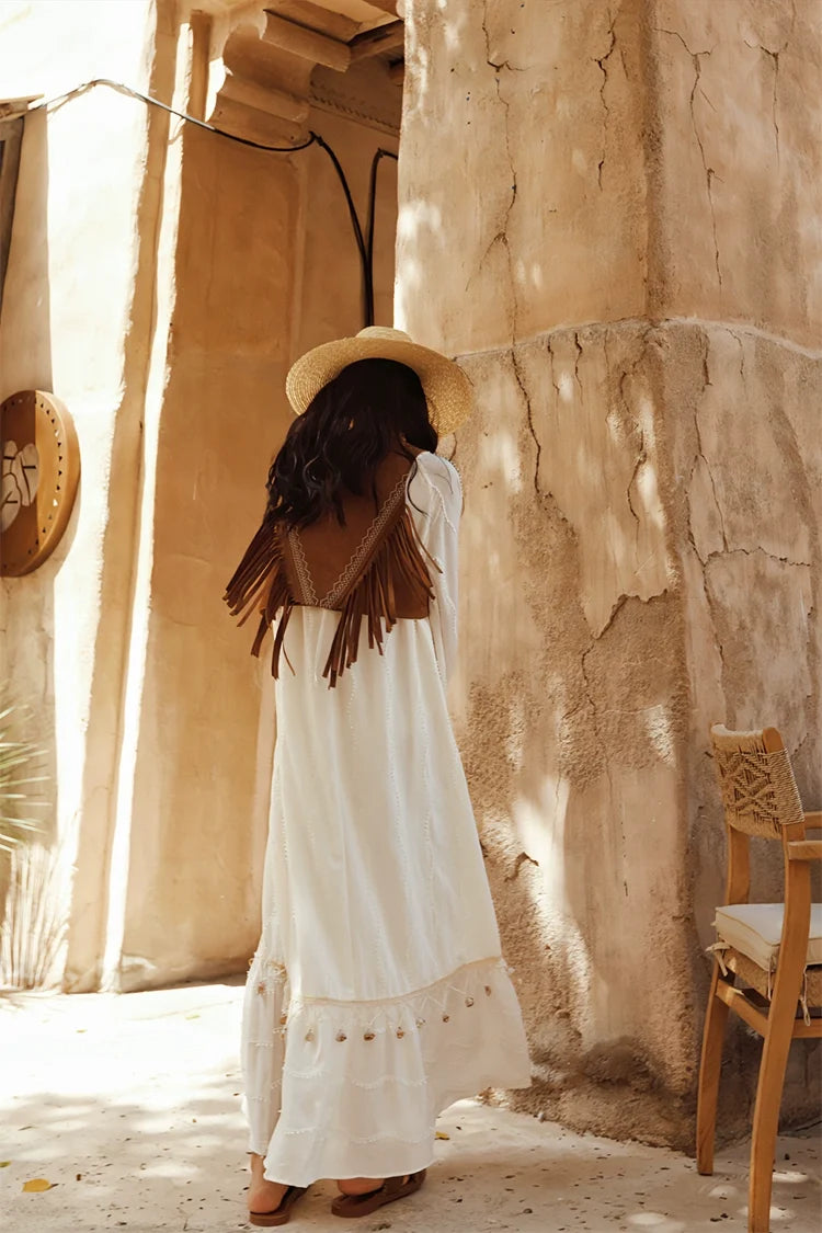 Boho White Tassel Maxi Dress
