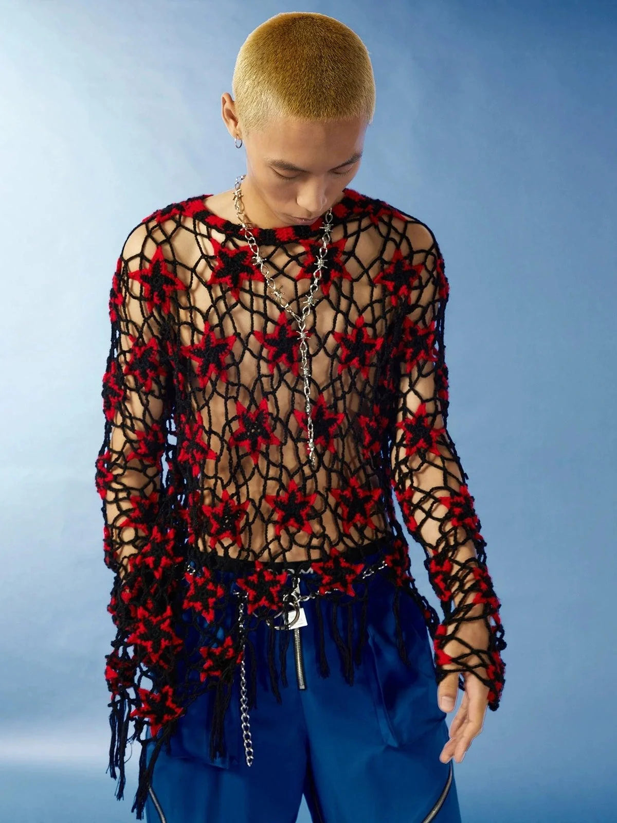 Red And Black Floral Crochet Sweater