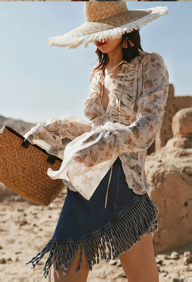 Asymmetrical Fringe Denim Skirt