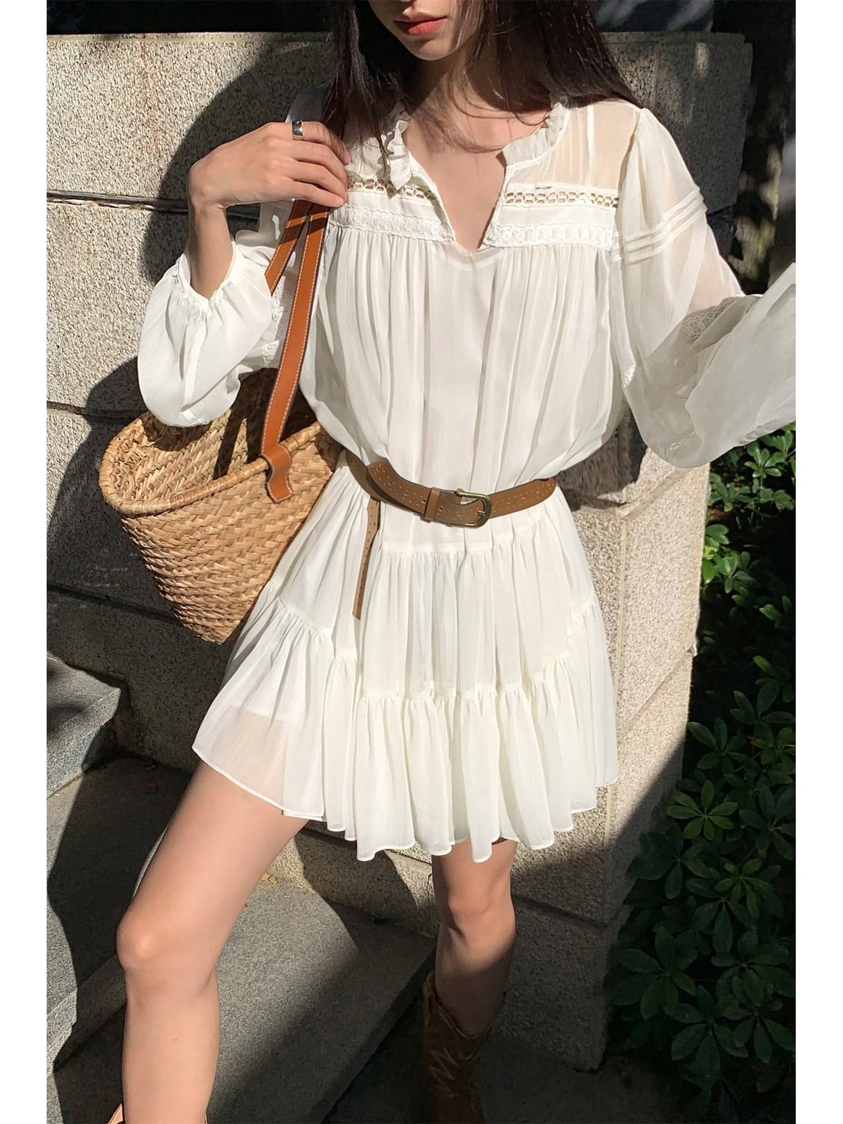 French-Style Ruffle Mini Shirt Dress