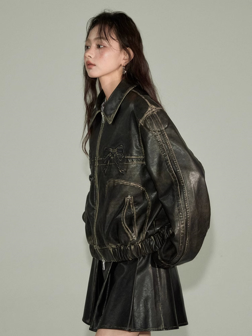 DIDDI MODA Bow-Detail Colorblock Faux-Leather Jacket