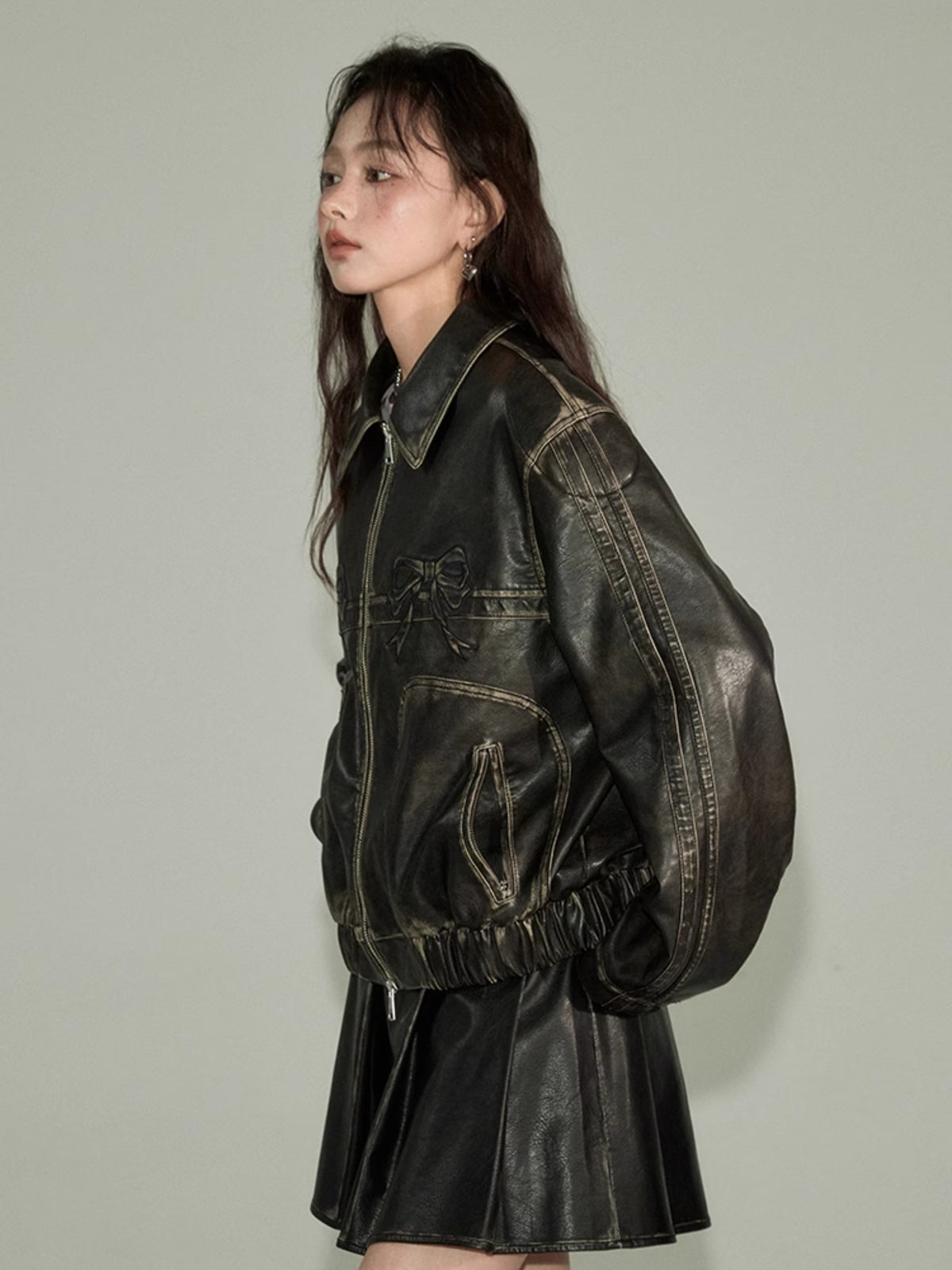 DIDDI MODA Bow-Detail Colorblock Faux-Leather Jacket