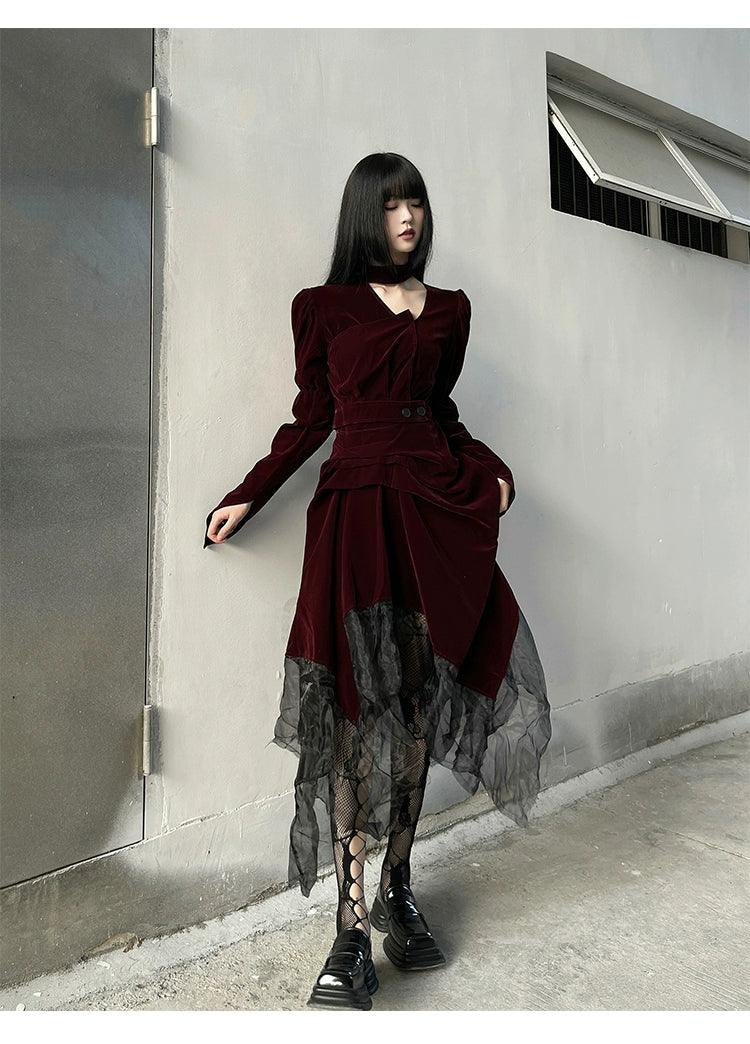 Burgundy Velvet Gothic Maxi Dress