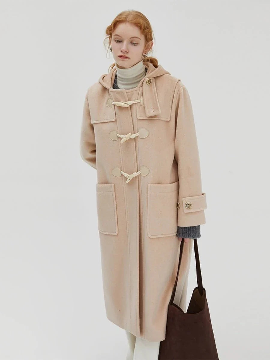 Winter Thicken College Style Hooded Mid-Length Melton Wool Coat