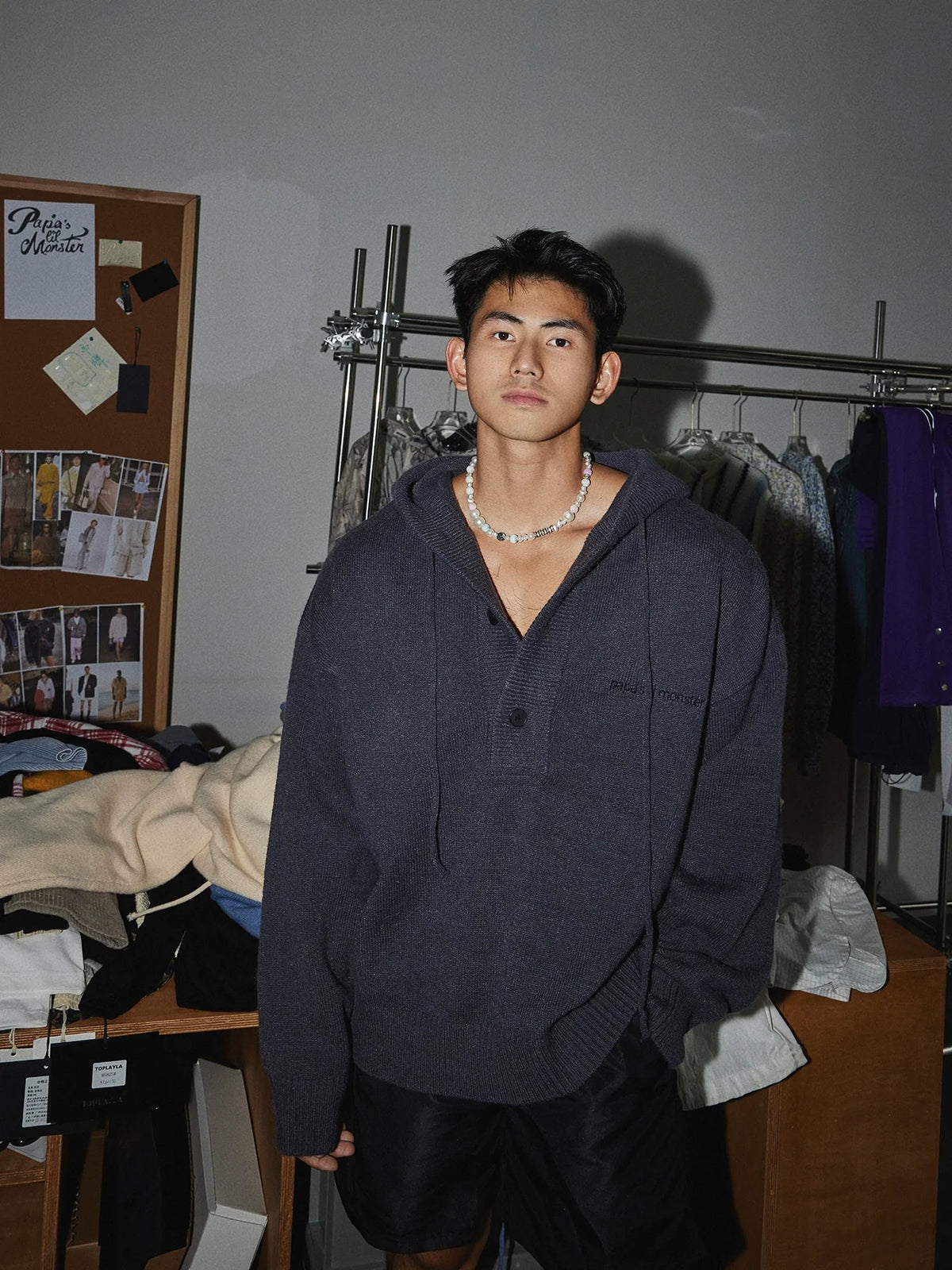 Blue Knit Hooded Henley Sweater