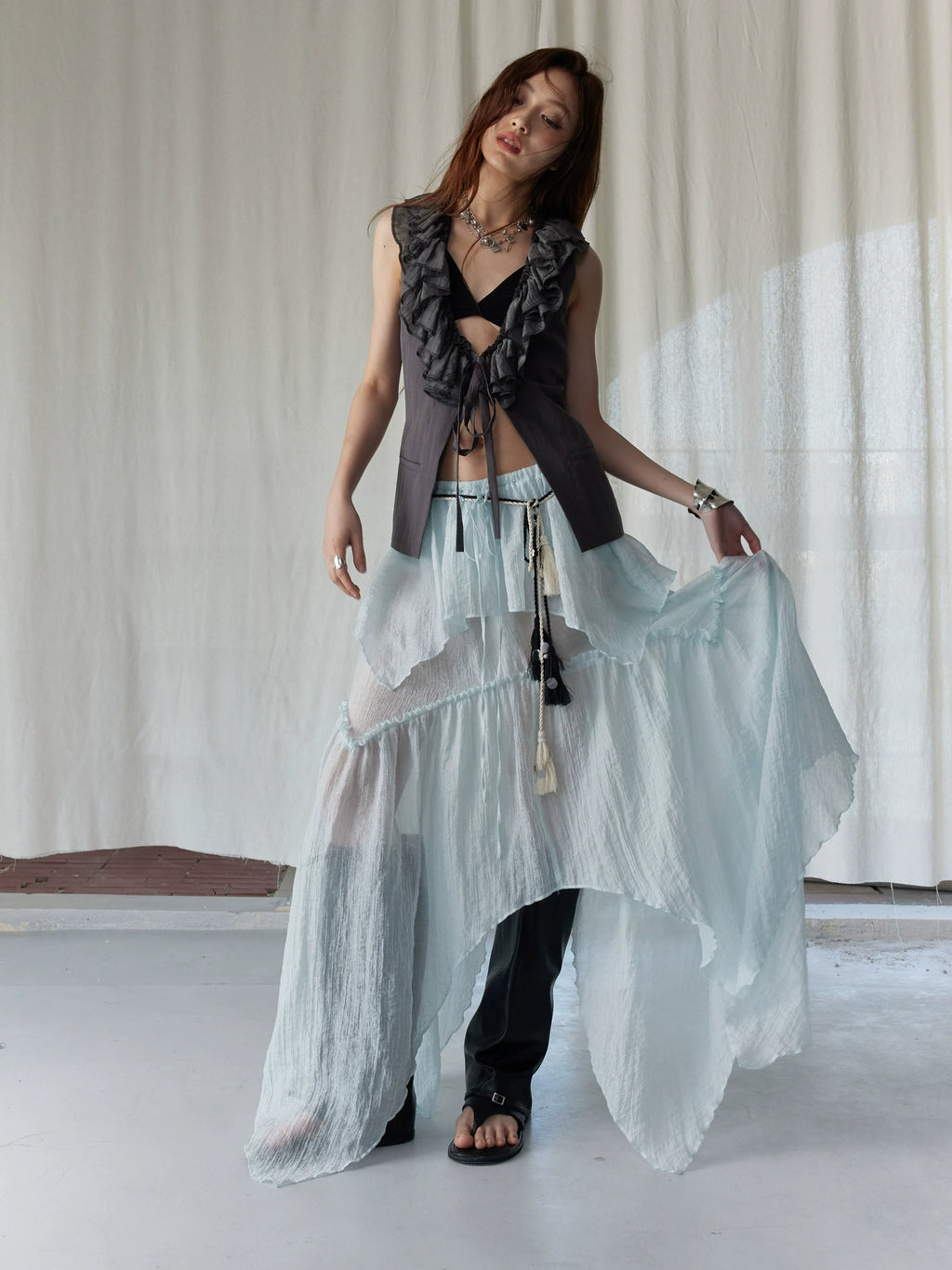 Dark Ruffle Vest & Green Layered Skirt