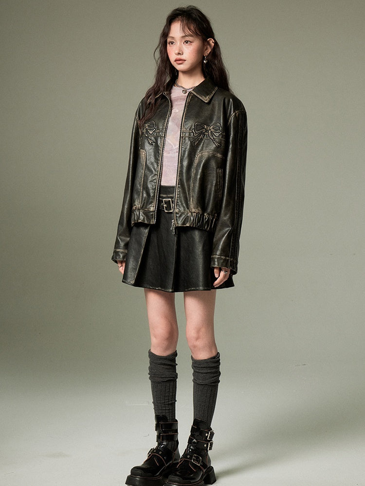 DIDDI MODA Bow-Detail Colorblock Faux-Leather Jacket