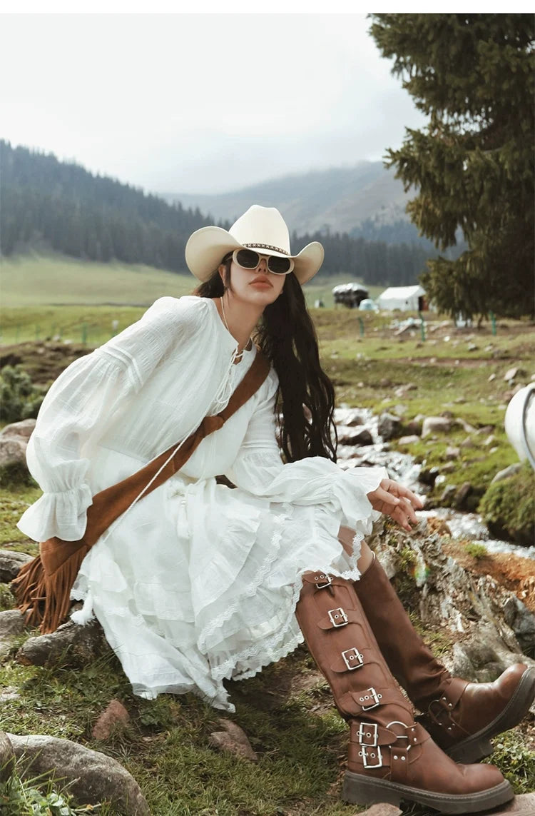 Maixu White Ruffle Long-Sleeve Midi Dress