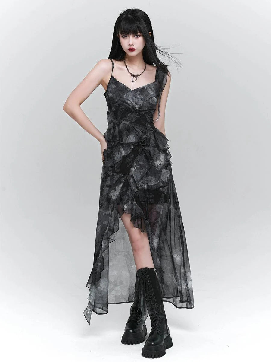 Dark Glamour Asymmetrical Maxi Dress - Women'S Sheer Floral Print Ruffle Dress With High Slit