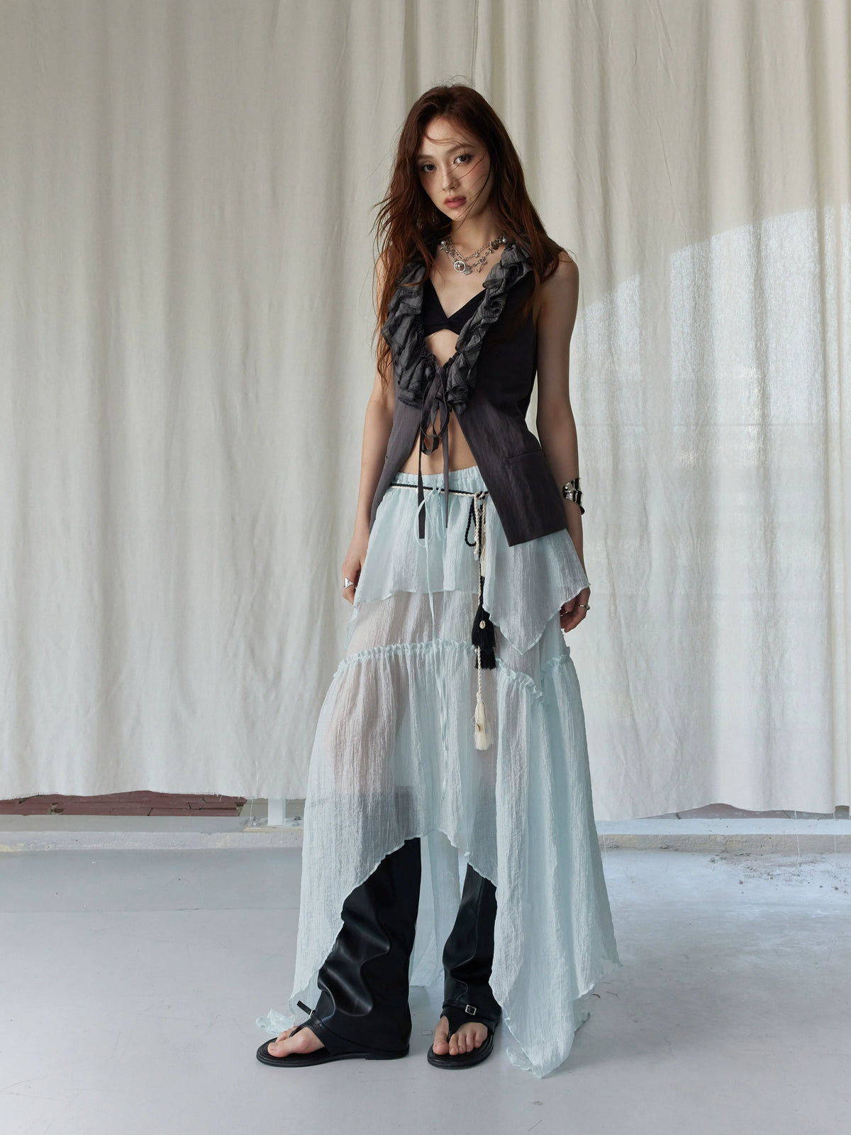 Dark Ruffle Vest & Green Layered Skirt