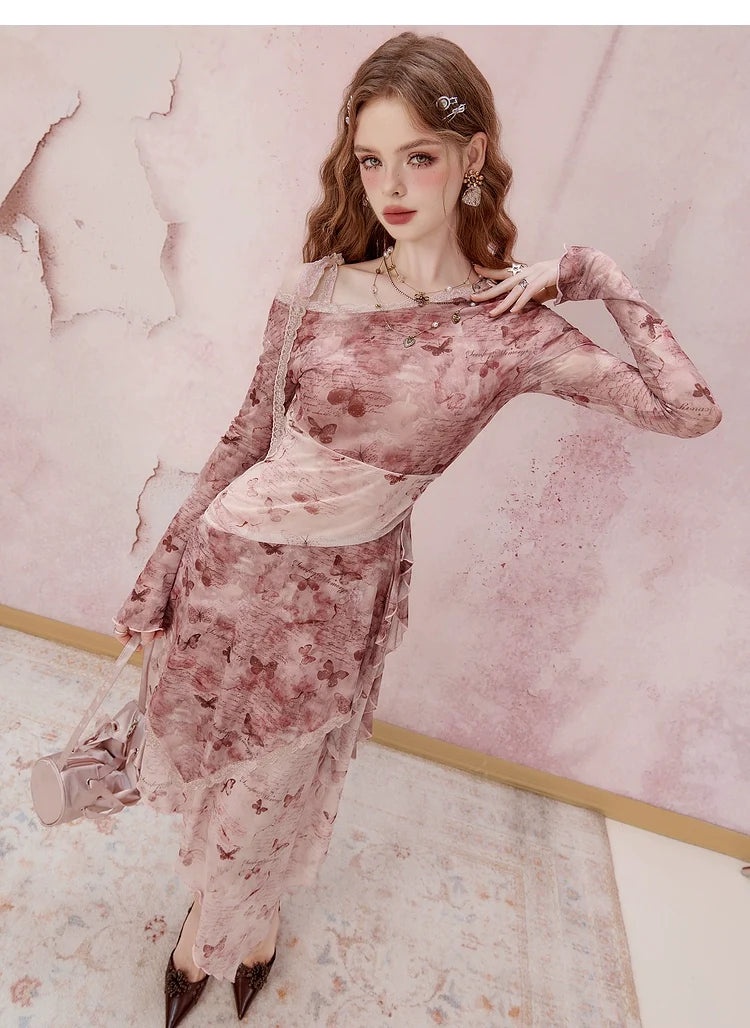Pink Floral Long Sleeve Midi Dress
