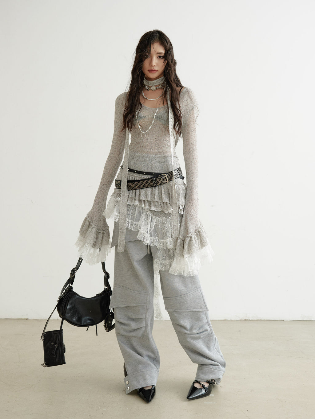 Ethereal Sheer Lace-Panel Asymmetrical Knit Dress