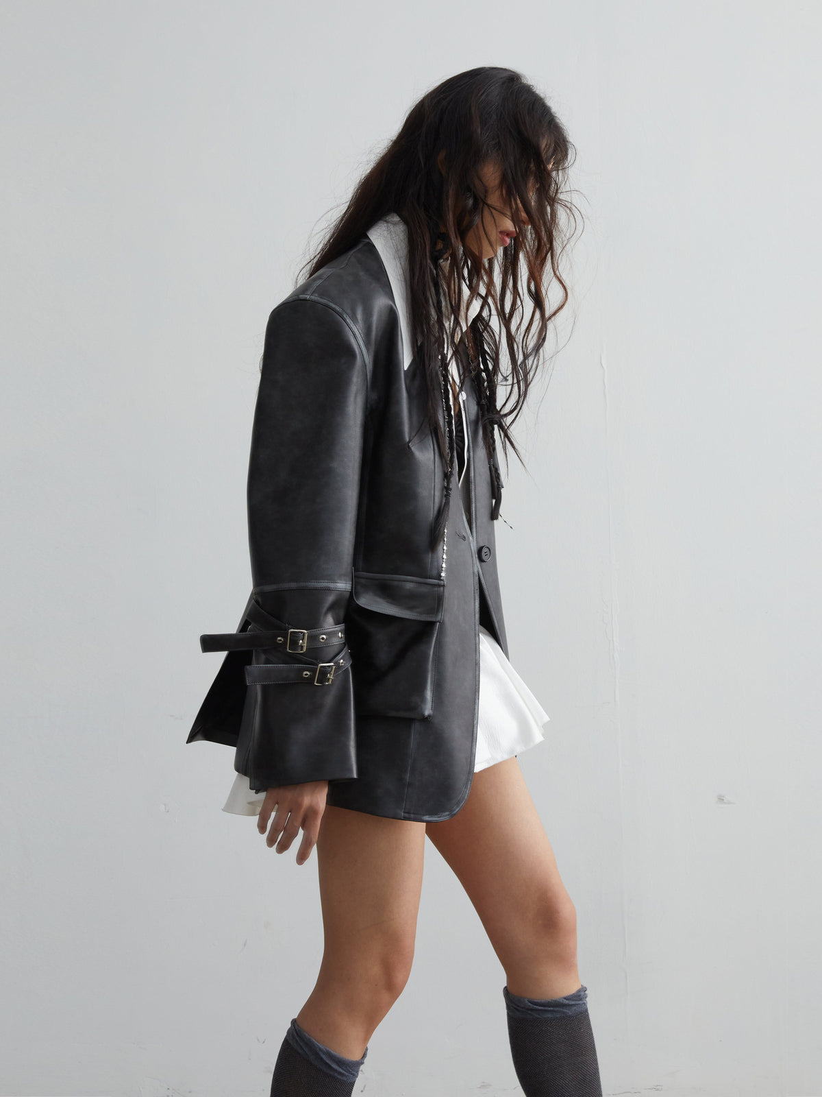 Vintage Pu Leather 3D Pocket No-Collar Jacket