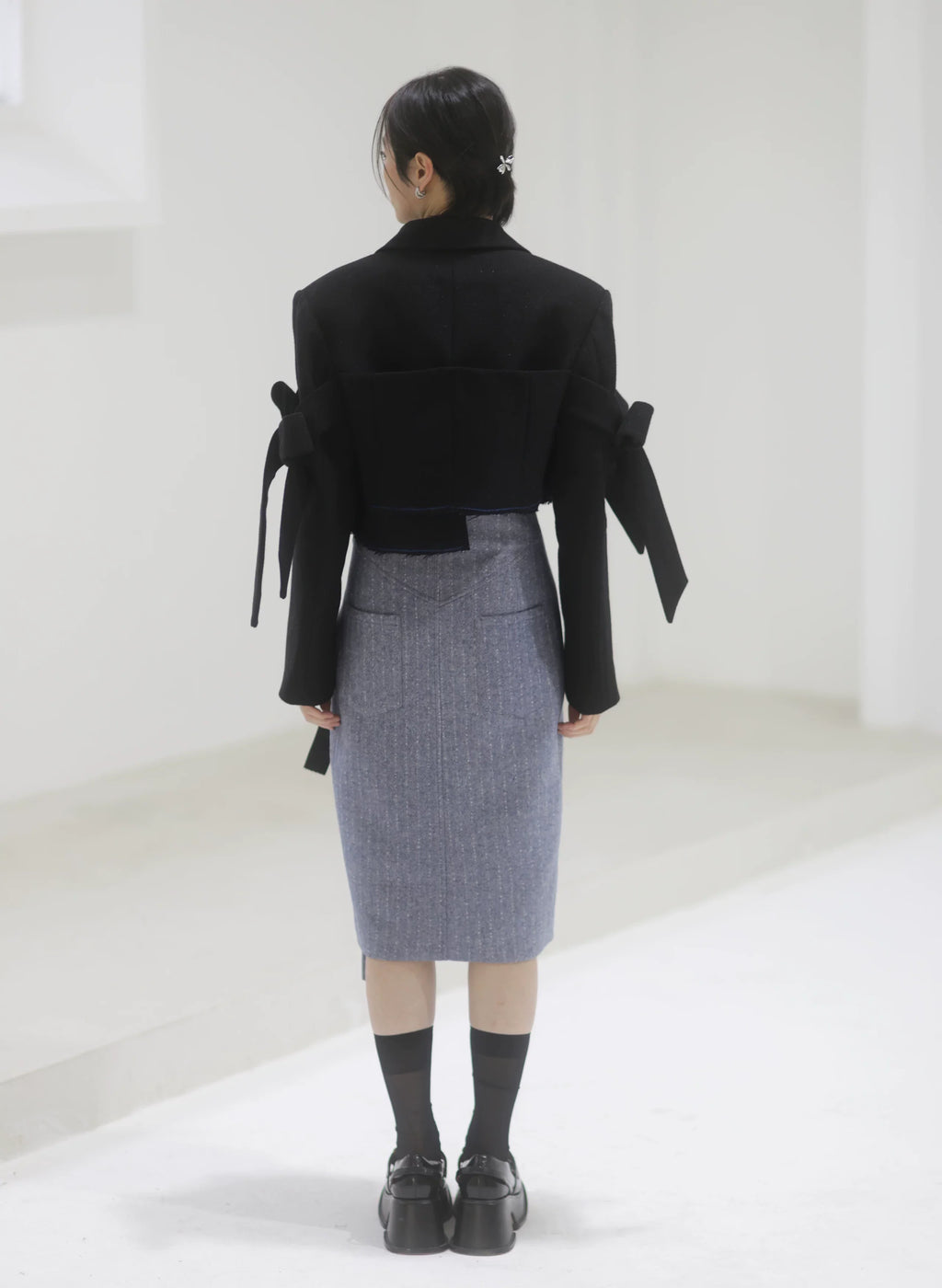 Steel Herringbone Pencil Midi Skirt