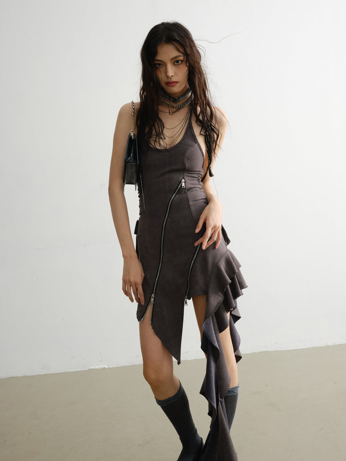 Elegant Ruffled Suspender Dress With Unique Zipper Detail