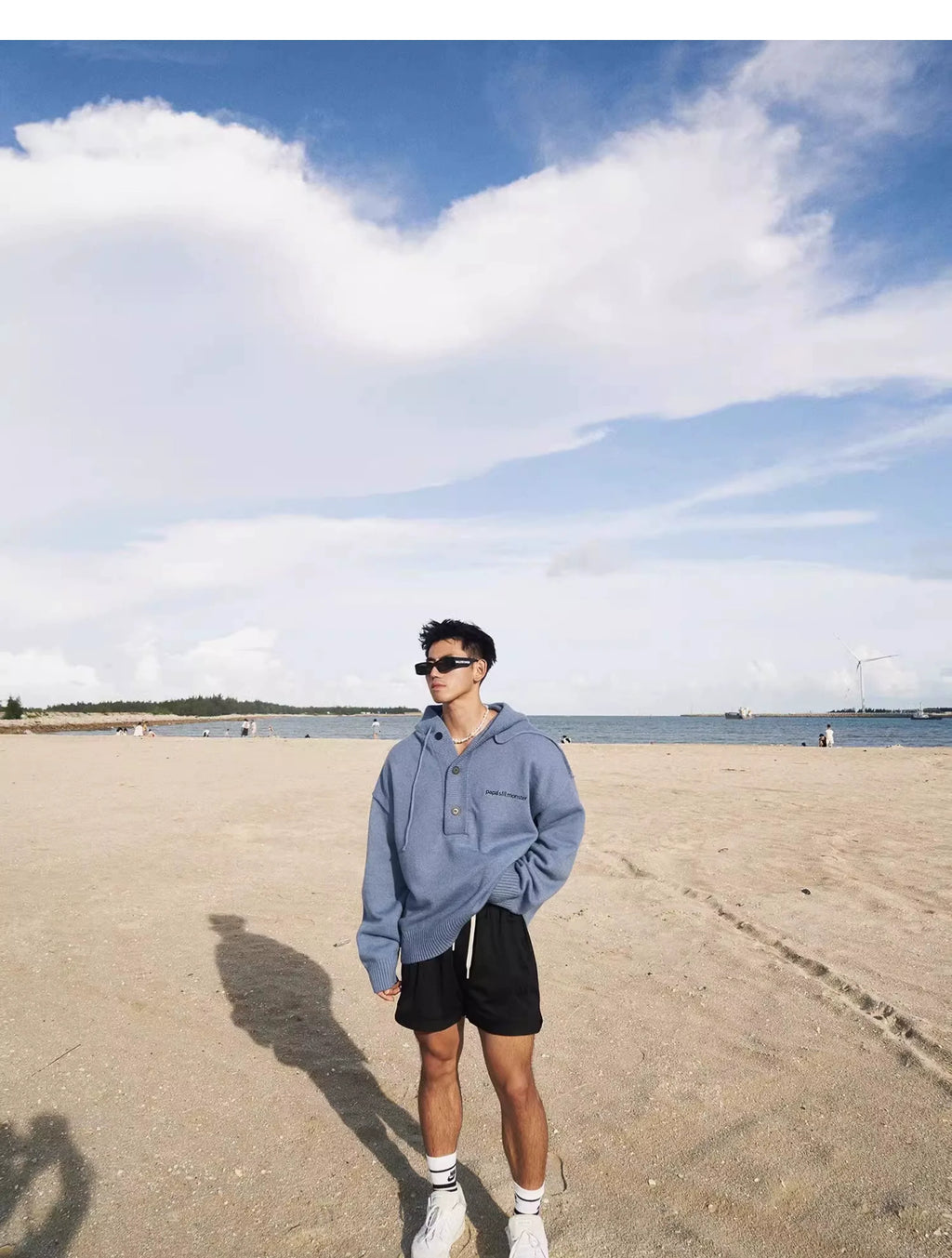 Blue Knit Hooded Henley Sweater