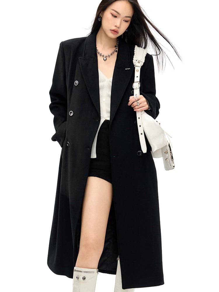 Double-Breasted Wool Long Coat - Slim Waist Tailored Winter Outerwear