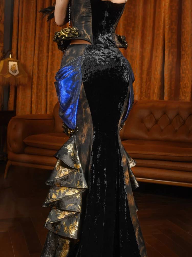 Blue Velvet Victorian Bustle Maxi Skirt