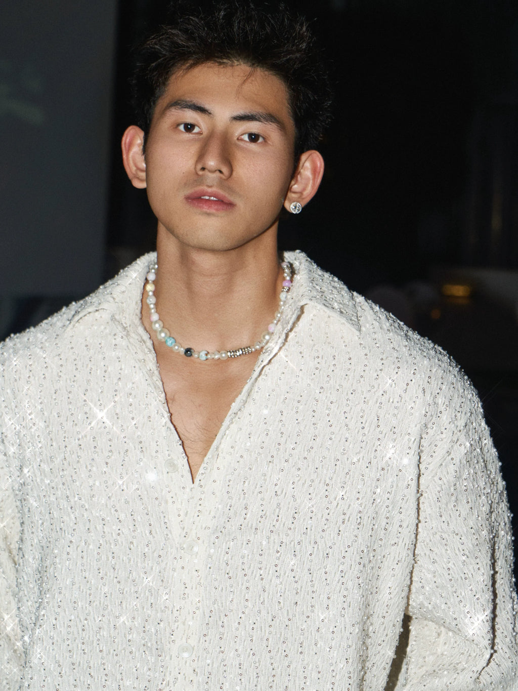 Oversized White Textured Button-Up Shirt