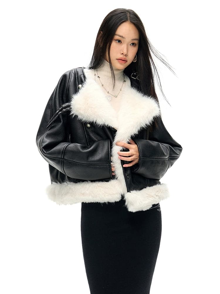 Oversized Faux Leather Jacket with Faux Fur Collar - Sustainable Vegan Outerwear