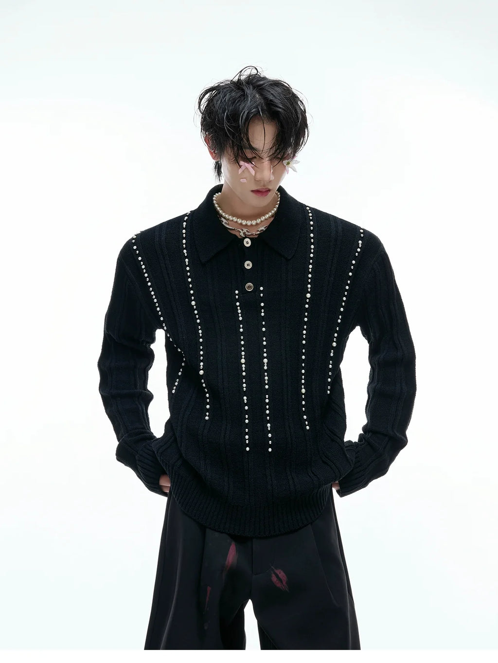 Beaded Knit Polo Sweater