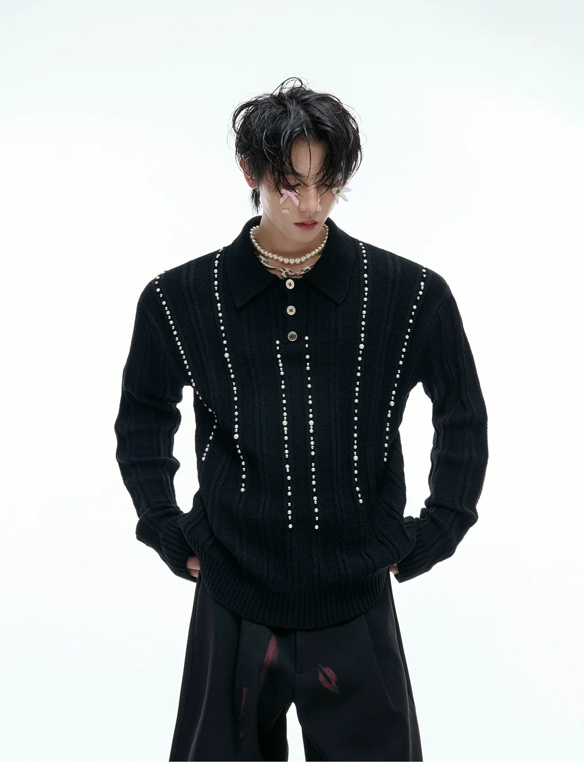 Beaded Knit Polo Sweater