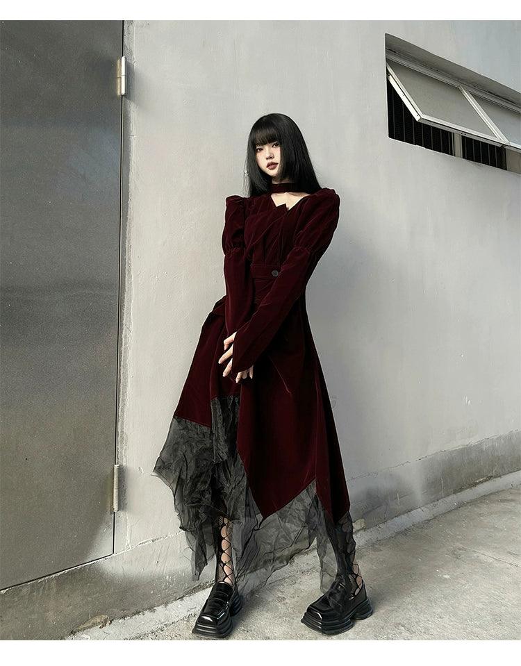 Burgundy Velvet Gothic Maxi Dress